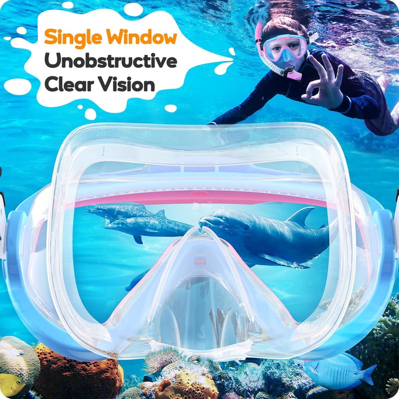 Seovediary Kids Snorkel Set, Anti-Fog Panoramic Tempered Glass Kids Snorkel mask, Anti-Leak Scuba Diving Mask with Mesh Bag, Dry Top Snorkeling Gear for Kids and Youth Age 4-16 - Image 3